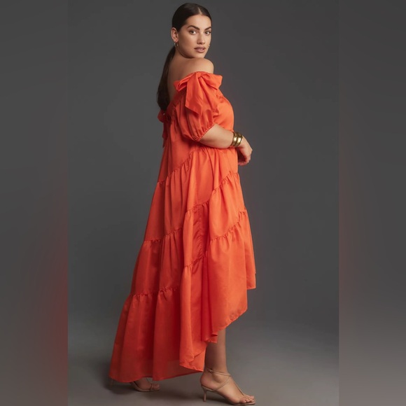 Anthropologie Off-The-Shoulder Tiered High-Low Midi Dress - Picture 4 of 13
